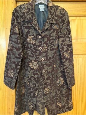 Floral Jacquard Long Coat - Brown/Gray